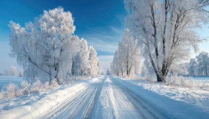 Obraz premium Snowy road lined with frosted trees under a clear blue sky.
