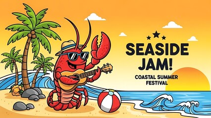 Happy red cartoon lobster character playing ukulele on a vibrant tropical beach during a summer festival illustration
