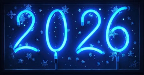 Bright neon sign displays year 2026. Snowflakes surround numbers, creating festive winter vibe. Dark background enhances glow.