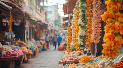 Fototapeta premium Festive garlands hanging over open street market .