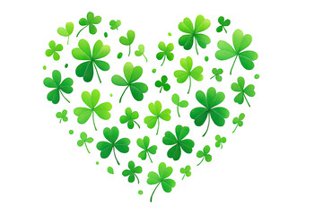 Beautiful heart shape formed with multiple green clover leaves arranged in a decorative lucky pattern for festive nature artwork isolated on white background
