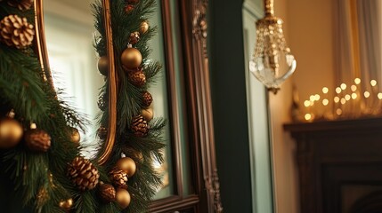 Golden pine garland draped over a tall mirror .
