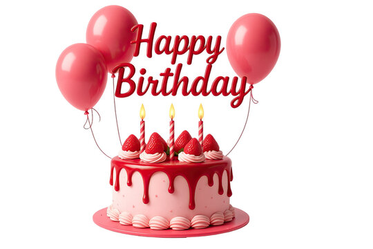 Delightful pink birthday cake topped with strawberries candles and surrounded by matching balloons creating a cheerful celebration scene isolated on white background