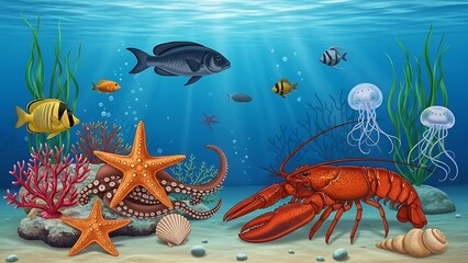 Vibrant cartoon underwater ocean ecosystem with colorful tropical fish and diverse sea creatures swimming peacefully