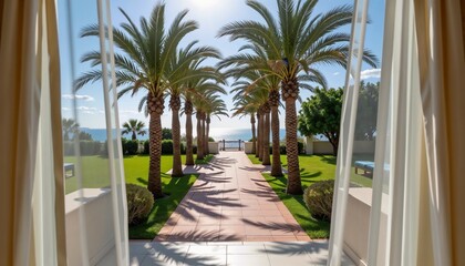 Scenic view of palm trees and ocean from an open doorway in a luxury resort