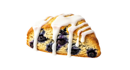 Blueberry scone with white icing drizzle on black
