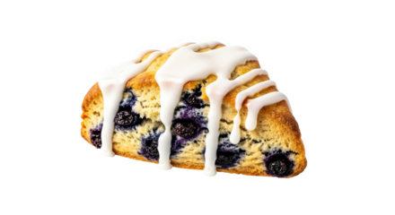 Blueberry scone with white icing drizzle on black