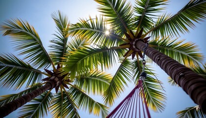 Obraz premium Palm trees in a tropical setting with a sunny atmosphere and clear blue sky 