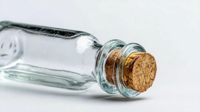 A small glass bottle with a cork stopper lying on its side.