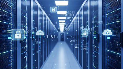 Cybersecurity and data protection in a modern server room with digital security icons and binary code overlays, representing cloud computing and network security concepts