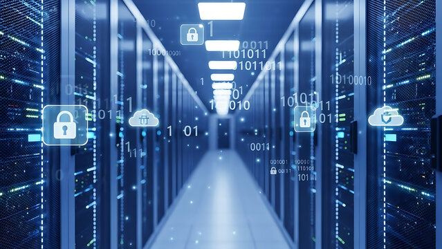 Cybersecurity and data protection in a modern server room with digital security icons and binary code overlays, representing cloud computing and network security concepts - Powered by Adobe