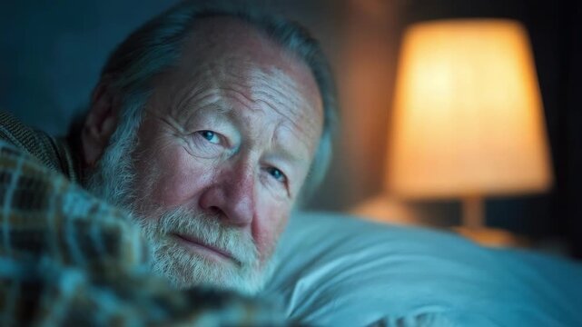 An elderly man with a white beard lying in bed, gazing at the camera with a warm lamp glowing in the background.