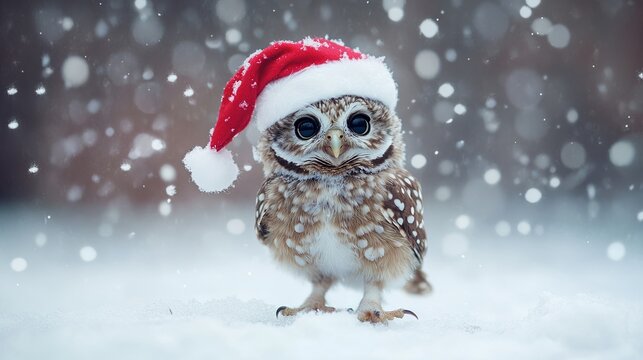 Baby owl with a Santa hat, hooting in the snow .