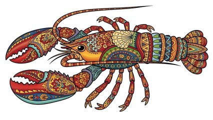 Vibrant ornate lobster illustration showcasing detailed bohemian patterns and rich colors perfect for oceanthemed design