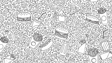 Delicious Fast Food Items Pattern Illustration.