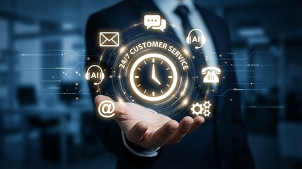 Business professional holding 24/7 customer service holographic interface with clock, email, phone icons: Symbol of round-the-clock support, AI customer service, and digital workplace. Tech-inspired h