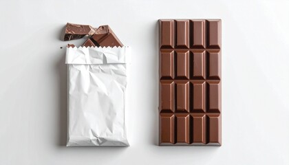 A neatly arranged chocolate bar beside a partially unwrapped foil-wrapped bar, showing smooth glossy squares, broken pieces, and soft lighting that highlights texture, shape, and rich brown color.