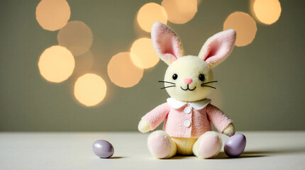 A soft, yellow and pink plush Easter bunny in a shirt, sitting between two purple chocolate eggs, with a blurred background of golden bokeh lights.