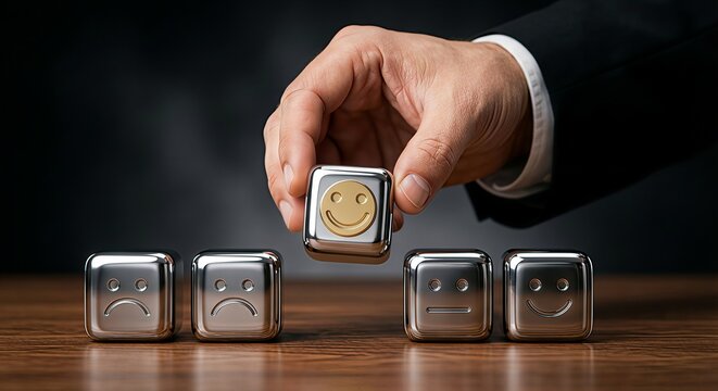 Business hand placing smiley cube among frowning cubes: Symbol of workplace positivity, emotion management, and team morale improvement. Metallic cubes with expressive faces, ideal for corporate train