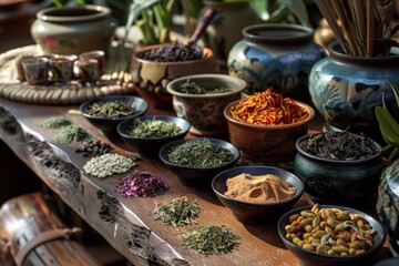 Colorful dried herbs and spices presented in bowls and loose piles on a rustic wooden table, creating a vibrant display of natural ingredients