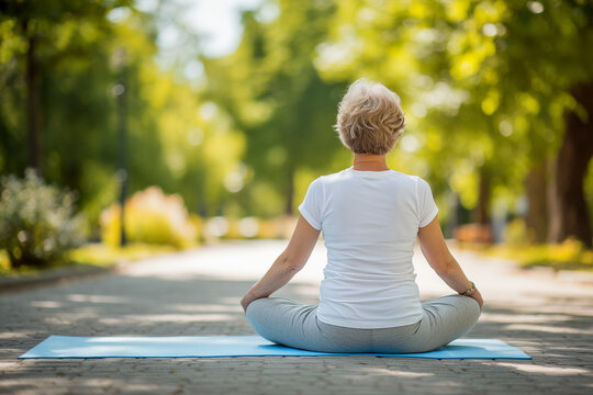 Back view. Mature woman is ready to exercise. Elderly lady is sitting on a gray yoga mat in a summer park. Active lifestyle, fitness, sport