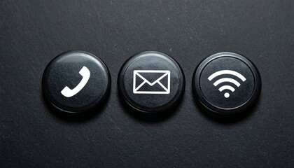 Three round black buttons with white icons—telephone, envelope, Wi-Fi—arranged horizontally on a dark surface, symbolizing modern communication tools and digital connectivity.
