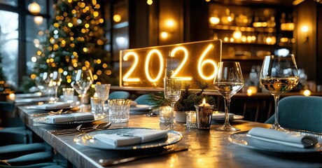 Festive dinner table setup. Warm lighting, glasses, plates, candles, Christmas tree visible. New year celebration ambiance.