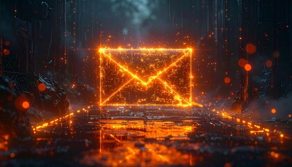 envelope,icon,neon,orange,glowing,digital,cyberpunk,futuristic,communication,message,secure,encrypted,setup,scene,props,visual,element,composition,focus,closeup,background,dark,particles,reflections,w