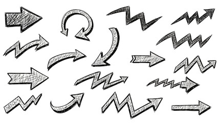 Collection of handdrawn scribbled black and white directional arrows