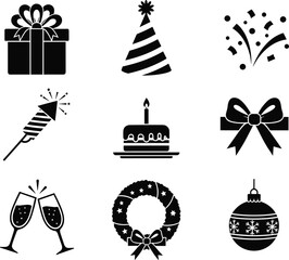 Festive celebration vector icon set, nine black silhouette party symbols including gift, hat, confetti, fireworks, cake, bow, glasses, wreath, ornament