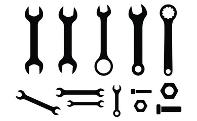 Essential collection of black silhouette hand tools including various wrenches spanners and fasteners perfect for maintenance and repair concepts