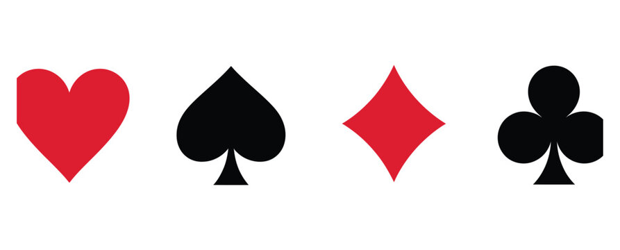 Striking minimalist icons featuring the four classic playing card suits hearts spades diamonds and clubs in bold red and black