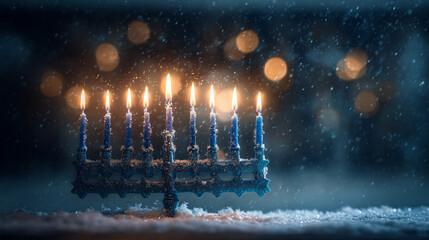 Candles on a menorah light up snowy night during a winter celebration in a cozy setting