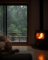 cozy cabin, cabin interior, modern wood-burning stove, fire burning, fireplace, large windows, forest view, rainy forest, lush forest, rustic interior, wood cabin, natural light, warm lighting, cozy 