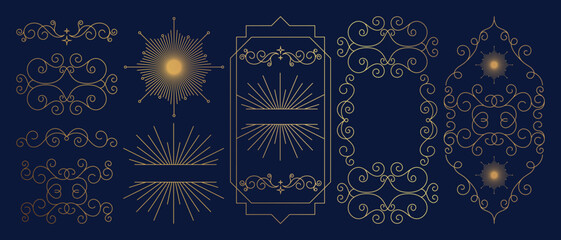 Obraz premium Vintage gold flourish and sunburst element vector illustration with elegant decorative lines, ornate frames, classic scroll motifs and luxury accents. Beautiful design for Christmas and Happy New Year