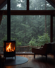 cozy cabin, cabin interior, modern wood-burning stove, fire burning, fireplace, large windows, forest view, rainy forest, lush forest, rustic interior, wood cabin, natural light, warm lighting, cozy 