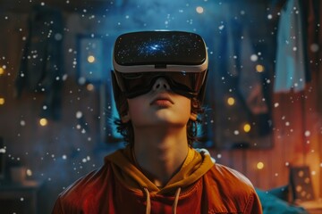 Teenager experiencing virtual reality with vr goggles, exploring space and galaxy from home