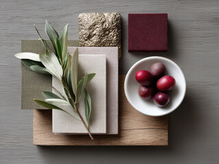 Olive branch, fabric swatches, gold texture, and red olives on wood create modern architectural moodboard with natural elements