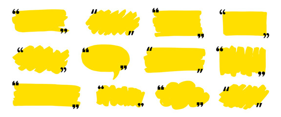Obraz premium Text box frame set with quotation mark. Hand drawn marker brush stroke text speech message frame background. Quotation mark dialog speech, square, chat banner design template. Vector illustration