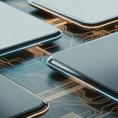 AI commercial background - Futuristic office devices on polished dark-blue surface, glowing circuit patterns, metallic accents, soft LED highlights, shallow depth of field.