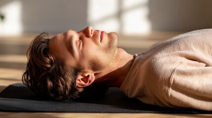 Man lying on yoga mat peacefully meditating with closed eyes in warm sunlight