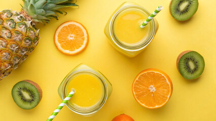 Two glasses of fruit juice are placed on a bright yellow surface. Surrounding the glasses are slices of orange, kiwi, and a whole pineapple. Striped straws are in the glasses.