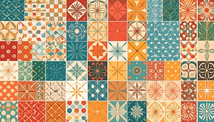 Colorful patchwork quilt with an array of various geometric and floral patterns in warm, retro tones