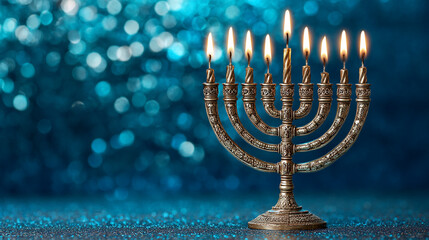 Menorah with lit candles on a shiny surface during a festive gathering