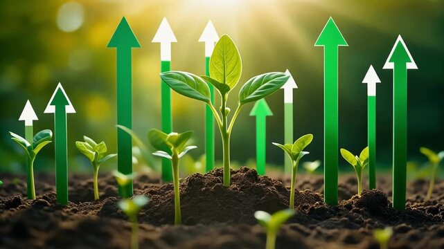 Small plants growing with vertical green arrows signifying business and ecological growth.