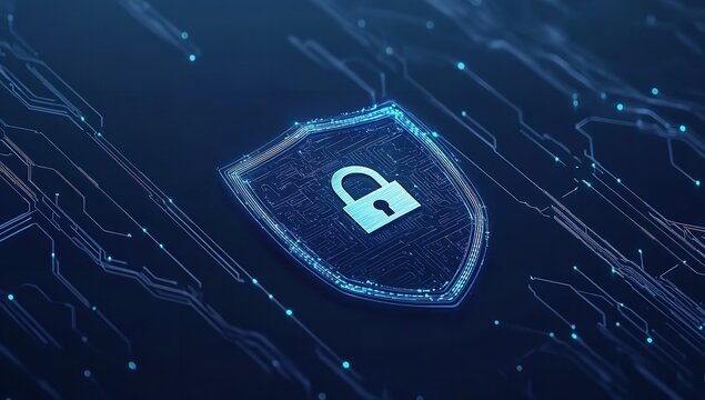 Digital security shield with glowing padlock icon over abstract dark blue circuit board background