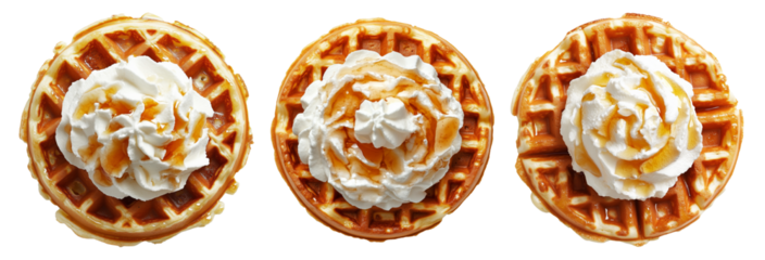 Golden waffle with whipped cream and syrup topping, isolated on white background, concept of sweet dessert treat