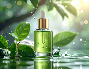 Luxury cosmetic Bottle package skin care cream, Green tea serum set, Beauty cosmetic product poster, with Bokeh and Water background