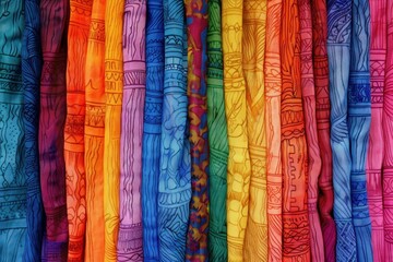 Vibrant dyed textiles hanging in a row, creating a rainbow gradient with abstract designs