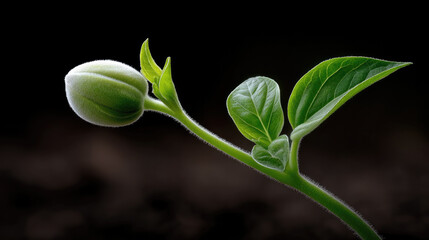 Fototapeta premium Green bud germinating with fresh leaves, vibrant growth and hope, isolated on dark background, symbolizing new beginnings
